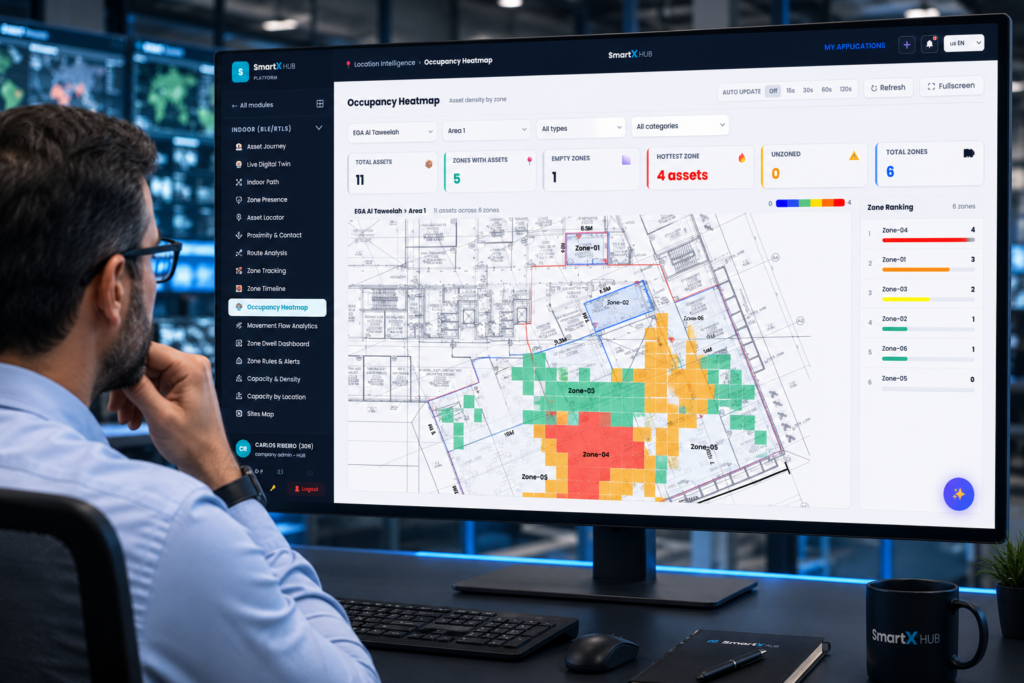 occupancy heatmap showing worker density by zone on a facility floor plan.