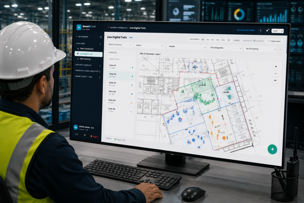 live digital twin showing real-time asset and worker positions by zone on a floor plan